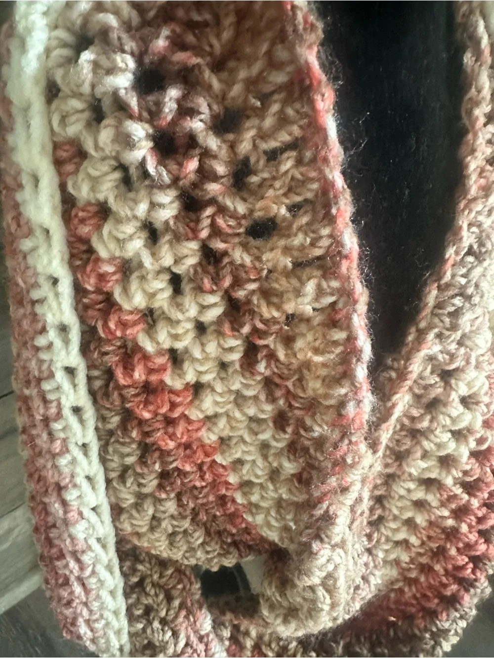 Handmade Crochet Infinity Scarf in Cream, Tan and Coral